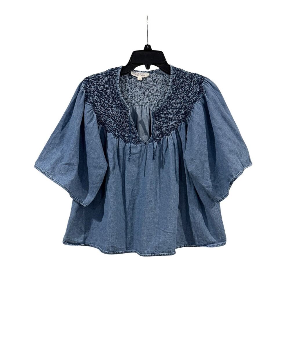 SOLITAIRE Blue Denim Boxy Top Women's XL Boho Peasant Tassel Smocked